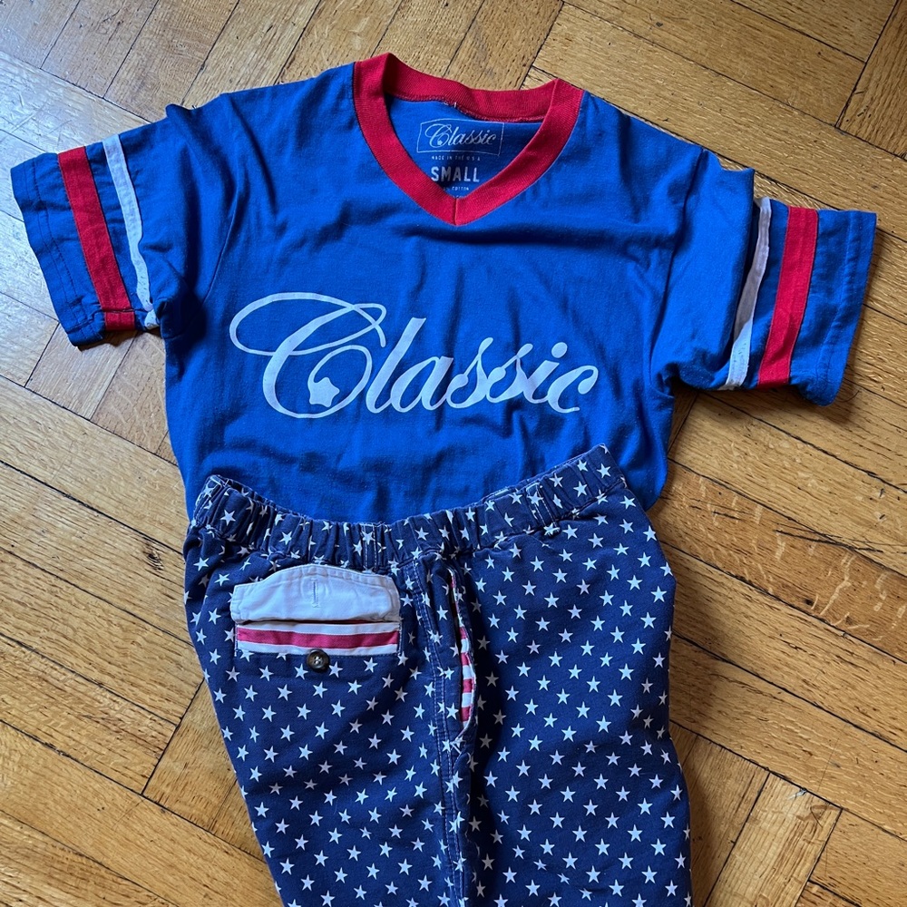 Classic ringer V-neck T-shirt. Red, white and blue. Size small